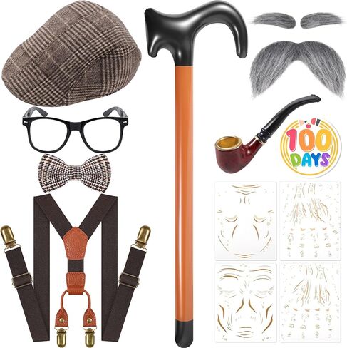 9PCS Old Man Grandpa Costume - Suspenders Bow Tie Hat Fake Eyebrows Whiskers Glasses Cane Badge Tattoo for Cosplay in Saudi Arabia