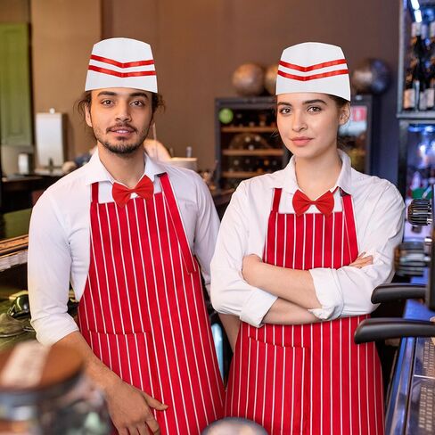 طقم زي النادل، زي صودا جيرك مع مريلة مخططة باللونين الأحمر والأبيض في الخمسينيات من القرن العشرين للرجال والنساء في فيلم ليلة الهالوين in Kuwait