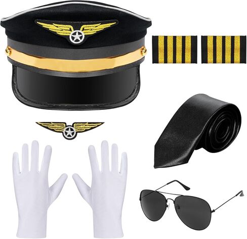 HOVEOX 7 Pieces Airline Pilot Captain Costume Pilot Costume Accessories Hat Sunglasses for Men Halloween Cosplay in Saudi Arabia
