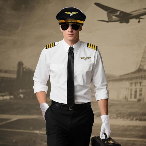 HOVEOX 7 Pieces Airline Pilot Captain Costume Pilot Costume Accessories Hat Sunglasses for Men Halloween Cosplay in Saudi Arabia