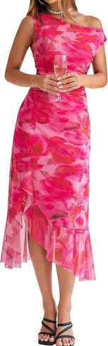 BerryGo Women Summer One Shoulder Maxi Dress Floral Ruched Mesh Bodycon Asymmetrical Date Night Formal Wedding Guest Dress in Saudi Arabia