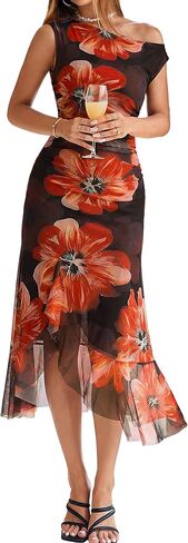 BerryGo Women Summer One Shoulder Maxi Dress Floral Ruched Mesh Bodycon Asymmetrical Date Night Formal Wedding Guest Dress in Saudi Arabia