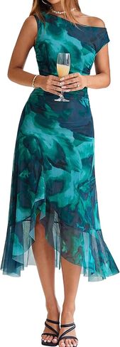 BerryGo Women Summer One Shoulder Maxi Dress Floral Ruched Mesh Bodycon Asymmetrical Date Night Formal Wedding Guest Dress in Saudi Arabia