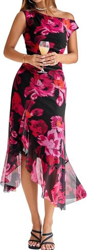 BerryGo Women Summer One Shoulder Maxi Dress Floral Ruched Mesh Bodycon Asymmetrical Date Night Formal Wedding Guest Dress in Saudi Arabia