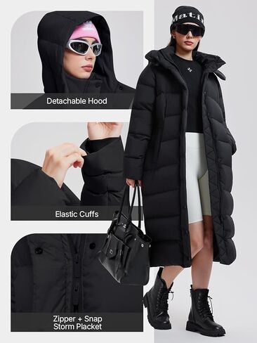 Women's 800FP Long Down Puffer Coat with Cinched Waist, Water-Resistant Winter Jacket with Removable Hood for Outdoor in Saudi Arabia