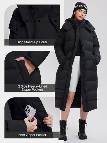 Women's 800FP Long Down Puffer Coat with Cinched Waist, Water-Resistant Winter Jacket with Removable Hood for Outdoor in Saudi Arabia