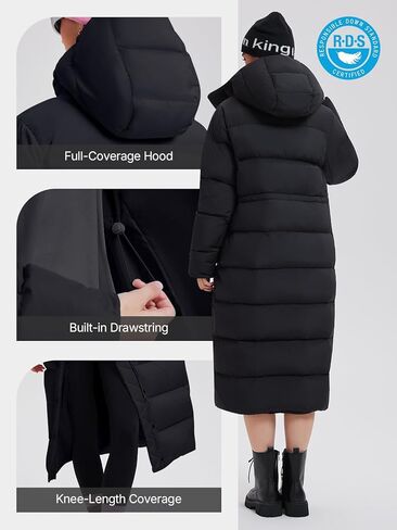 Women's 800FP Long Down Puffer Coat with Cinched Waist, Water-Resistant Winter Jacket with Removable Hood for Outdoor in Saudi Arabia