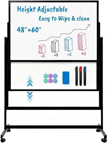 48 x 60 Inch Height Adjustable Dry Erase Whiteboard with Stand and Wheels, Mobile Dry Erase Board with Double-Sided Magnetic Whiteboard for School, Office, or Home, White in Saudi Arabia