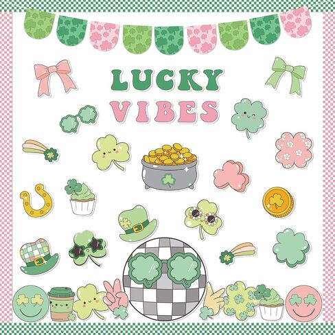 112Pcs St. Patrick’s Day Bulletin Board Classroom Decoration Lucky Vibe Cutouts Shamrock Clover Gold Coin Sticker Name Tags School Home Party Supplies Classroom Chalkboard Wall Door Decor in Saudi Arabia