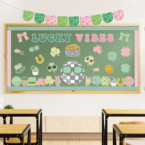 112Pcs St. Patrick’s Day Bulletin Board Classroom Decoration Lucky Vibe Cutouts Shamrock Clover Gold Coin Sticker Name Tags School Home Party Supplies Classroom Chalkboard Wall Door Decor in Saudi Arabia