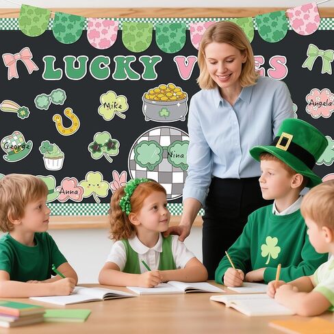 112Pcs St. Patrick’s Day Bulletin Board Classroom Decoration Lucky Vibe Cutouts Shamrock Clover Gold Coin Sticker Name Tags School Home Party Supplies Classroom Chalkboard Wall Door Decor in Saudi Arabia