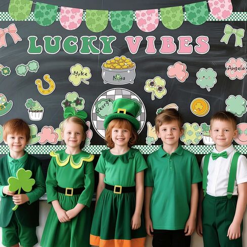 112Pcs St. Patrick’s Day Bulletin Board Classroom Decoration Lucky Vibe Cutouts Shamrock Clover Gold Coin Sticker Name Tags School Home Party Supplies Classroom Chalkboard Wall Door Decor in Saudi Arabia