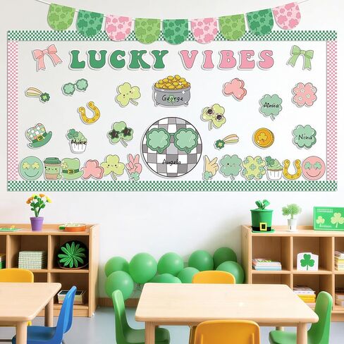 112Pcs St. Patrick’s Day Bulletin Board Classroom Decoration Lucky Vibe Cutouts Shamrock Clover Gold Coin Sticker Name Tags School Home Party Supplies Classroom Chalkboard Wall Door Decor in Saudi Arabia