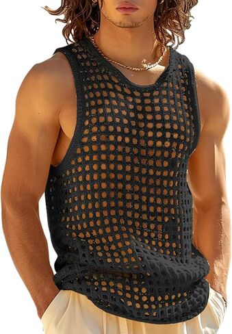 MIZOK Mens Knitted Crochet Tank Top Summer Hollow Sleeveless Tops Scoop Neck Loose Shirts in Saudi Arabia