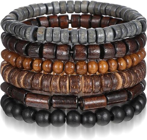 Sibba Wooden Mens Beaded Bracelets 6 PCS Adjustable Vintage Multi-Layer Braided Leather Grunge Set Cuff Wrap Bangles Detachable Beaded Bracelets Elasticity Rope for Men and Women Christmas Gift in Saudi Arabia
