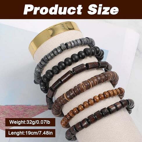 Sibba Wooden Mens Beaded Bracelets 6 PCS Adjustable Vintage Multi-Layer Braided Leather Grunge Set Cuff Wrap Bangles Detachable Beaded Bracelets Elasticity Rope for Men and Women Christmas Gift in Saudi Arabia