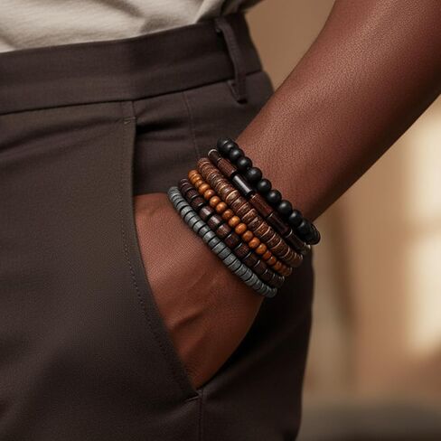 Sibba Wooden Mens Beaded Bracelets 6 PCS Adjustable Vintage Multi-Layer Braided Leather Grunge Set Cuff Wrap Bangles Detachable Beaded Bracelets Elasticity Rope for Men and Women Christmas Gift in Saudi Arabia
