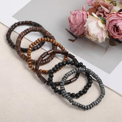 Sibba Wooden Mens Beaded Bracelets 6 PCS Adjustable Vintage Multi-Layer Braided Leather Grunge Set Cuff Wrap Bangles Detachable Beaded Bracelets Elasticity Rope for Men and Women Christmas Gift in Saudi Arabia