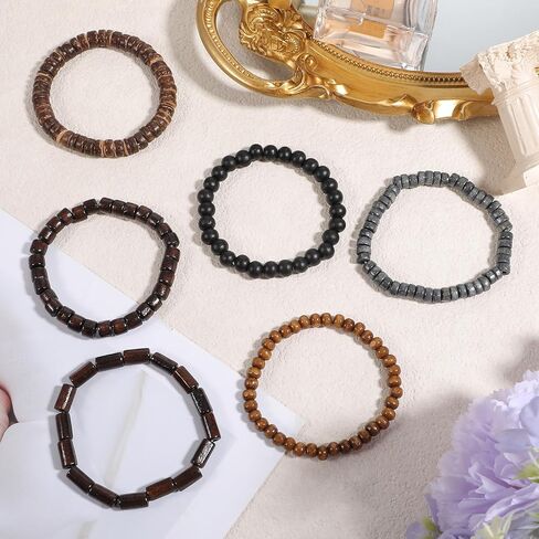 Sibba Wooden Mens Beaded Bracelets 6 PCS Adjustable Vintage Multi-Layer Braided Leather Grunge Set Cuff Wrap Bangles Detachable Beaded Bracelets Elasticity Rope for Men and Women Christmas Gift in Saudi Arabia