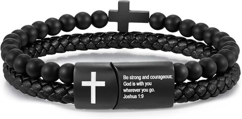 Men's Cross Bracelet for Men - Bible Verse Bead Rosary Braided Black Genuine Leather Bracelets, Bangle Engraved Love You Forever, Christian Catholic Religious Jewelry Christmas Gifts Ideas for Man in Saudi Arabia