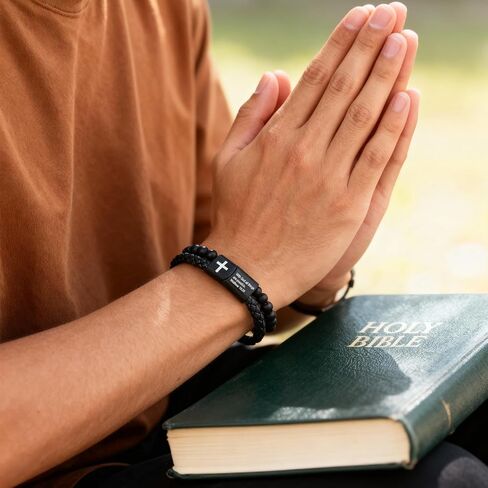 Men's Cross Bracelet for Men - Bible Verse Bead Rosary Braided Black Genuine Leather Bracelets, Bangle Engraved Love You Forever, Christian Catholic Religious Jewelry Christmas Gifts Ideas for Man in Saudi Arabia