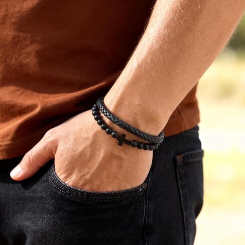 Men's Cross Bracelet for Men - Bible Verse Bead Rosary Braided Black Genuine Leather Bracelets, Bangle Engraved Love You Forever, Christian Catholic Religious Jewelry Christmas Gifts Ideas for Man in Saudi Arabia