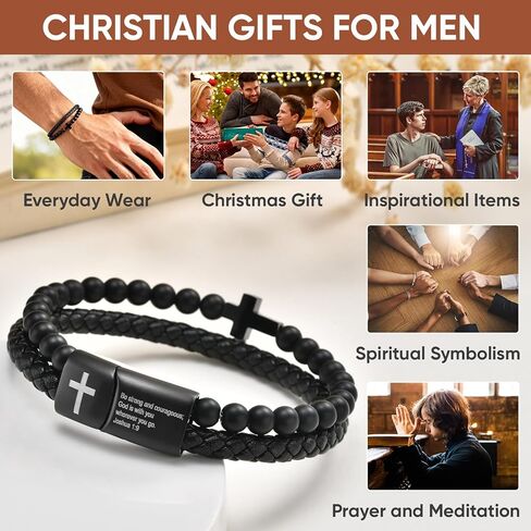 Men's Cross Bracelet for Men - Bible Verse Bead Rosary Braided Black Genuine Leather Bracelets, Bangle Engraved Love You Forever, Christian Catholic Religious Jewelry Christmas Gifts Ideas for Man in Saudi Arabia