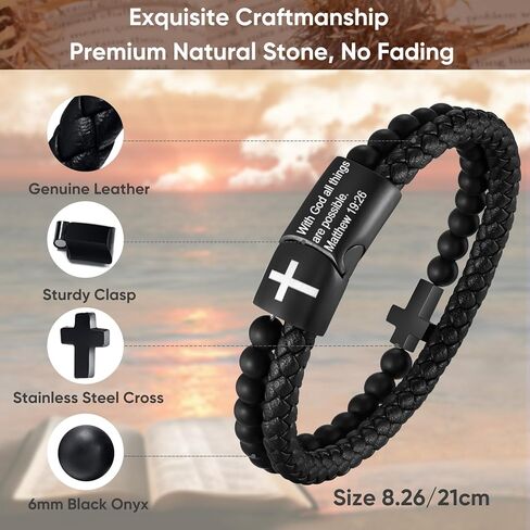 Men's Cross Bracelet for Men - Bible Verse Bead Rosary Braided Black Genuine Leather Bracelets, Bangle Engraved Love You Forever, Christian Catholic Religious Jewelry Christmas Gifts Ideas for Man in Saudi Arabia