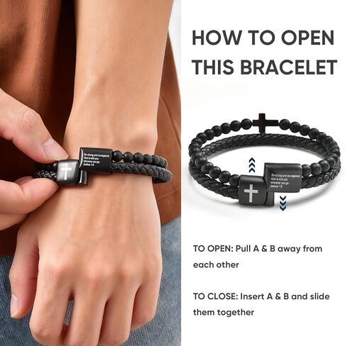 Men's Cross Bracelet for Men - Bible Verse Bead Rosary Braided Black Genuine Leather Bracelets, Bangle Engraved Love You Forever, Christian Catholic Religious Jewelry Christmas Gifts Ideas for Man in Saudi Arabia