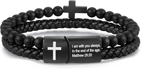 Men's Cross Bracelet for Men - Bible Verse Bead Rosary Braided Black Genuine Leather Bracelets, Bangle Engraved Love You Forever, Christian Catholic Religious Jewelry Christmas Gifts Ideas for Man in Saudi Arabia