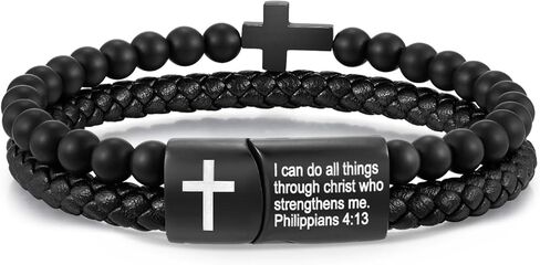 Men's Cross Bracelet for Men - Bible Verse Bead Rosary Braided Black Genuine Leather Bracelets, Bangle Engraved Love You Forever, Christian Catholic Religious Jewelry Christmas Gifts Ideas for Man in Saudi Arabia