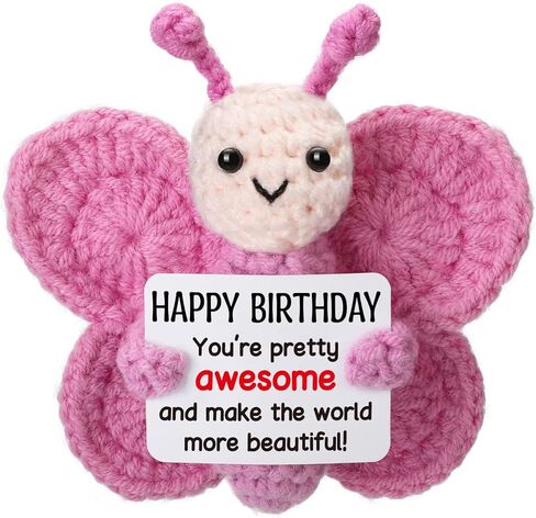 Pink Crochet Butterfly Birthday Gift for Her, Handmade 4" Amigurumi Plush with Positive Sign, Cute Desk Decor, Small Stuffed Butterfly in Saudi Arabia