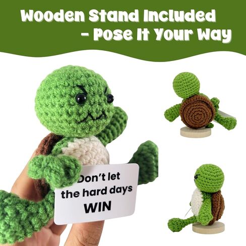 Don’t Let The Hard Days Win Crochet Turtle with Removable Quote Card, Magnetic Hands & Wooden Stand, Handmade Mini Desk Decor, Encouragement Gift for Sobriety Recovery Tough Times in Saudi Arabia