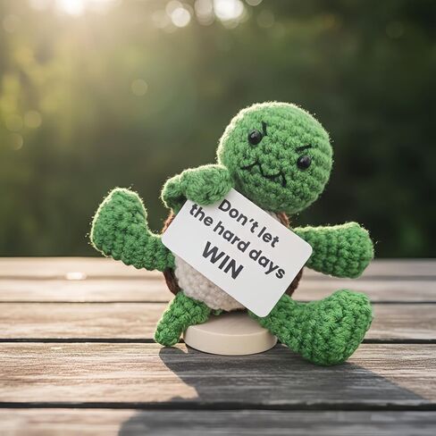 Don’t Let The Hard Days Win Crochet Turtle with Removable Quote Card, Magnetic Hands & Wooden Stand, Handmade Mini Desk Decor, Encouragement Gift for Sobriety Recovery Tough Times in Saudi Arabia