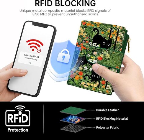 محفظة صغيرة للنساء محفظة نسائية حامل بطاقة RFID محافظ مدمجة ثنائية الطي مع جيب للعملات المعدنية بسحاب وثلاث قطط in Kuwait