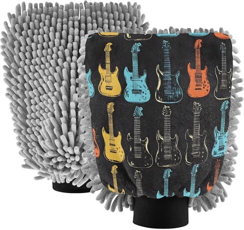 AIXIWAWA Car Wash Mitt Washing Glove Scratch Free Water Absorbent 2 Pack Medium Guitar Cartoon Print in Saudi Arabia