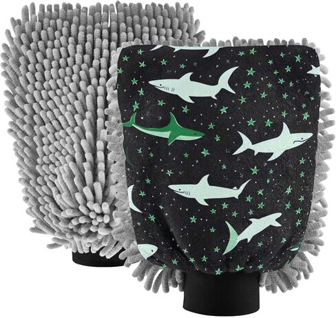 AIXIWAWA Car Wash Mitt Washing Glove Scratch Free Water Absorbent 2 Pack Medium Green Sharks Print in Saudi Arabia