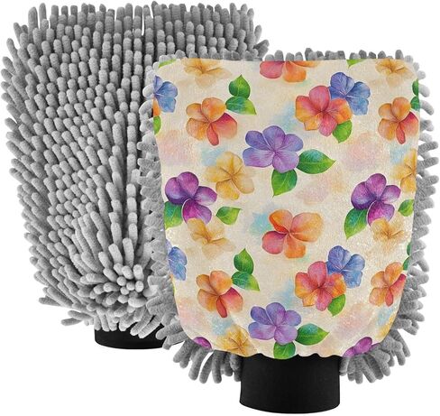 AIXIWAWA ألوان مائية زهور طباعة قفاز غسيل السيارات قفاز غسيل مقاوم للخدش وماص للماء 2 عبوة كبيرة in Kuwait