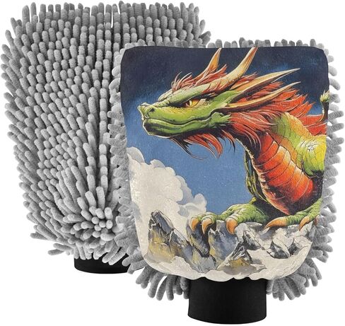 قفاز غسيل السيارات من AIXIWAWA، قفاز غسيل مقاوم للخدش، ماص للماء، 2 عبوة متوسطة الحجم مطبوع عليها رسوم متحركة تنين in Kuwait