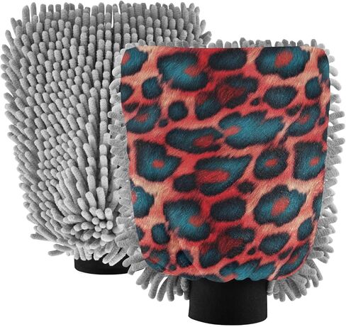 قفاز غسيل السيارات من AIXIWAWA، قفاز غسيل مقاوم للخدش، ماص للماء، 2 عبوة متوسطة الحجم بطباعة الفهد باللون الأحمر in Kuwait