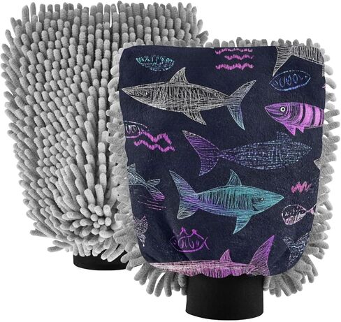 قفاز غسيل السيارات من AIXIWAWA، قفاز غسيل مقاوم للخدش، ماص للماء، 2 عبوة متوسطة الحجم مطبوعة بأسماك القرش in Kuwait