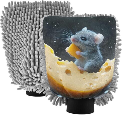 AIXIWAWA Car Wash Mitt Washing Glove Scratch Free Water Absorbent 2 Pack Medium Mouse Cheese Print in Saudi Arabia