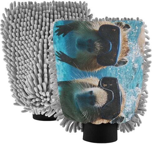 قفاز غسيل السيارات من AIXIWAWA، قفاز غسيل خالٍ من الخدوش، ماص للماء، 2 عبوة كبيرة مطبوع عليها كابيبارا للغوص in Kuwait