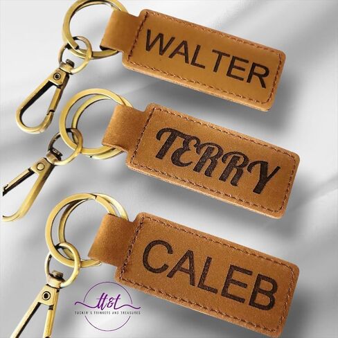 Custom Text Leather Keychain, Bronze Key Ring and Clip, Personalized Leather Key Chain, Brown Option in Kuwait