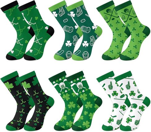 6 Pairs Irish Hockey Theme Socks - St Patricks Day Funny Running Crew Socks Green Shamrock Hockey Puck Accessories Party Favor Gifts for Adult Men Women in Saudi Arabia