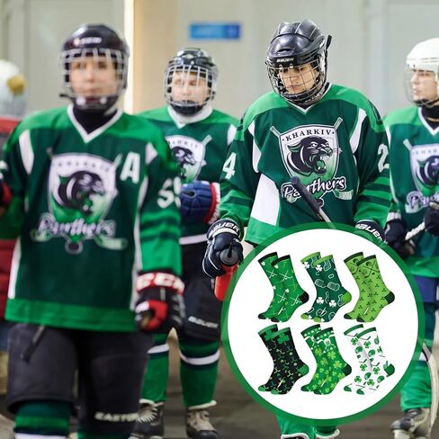 6 Pairs Irish Hockey Theme Socks - St Patricks Day Funny Running Crew Socks Green Shamrock Hockey Puck Accessories Party Favor Gifts for Adult Men Women in Saudi Arabia