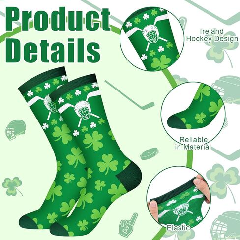6 Pairs Irish Hockey Theme Socks - St Patricks Day Funny Running Crew Socks Green Shamrock Hockey Puck Accessories Party Favor Gifts for Adult Men Women in Saudi Arabia