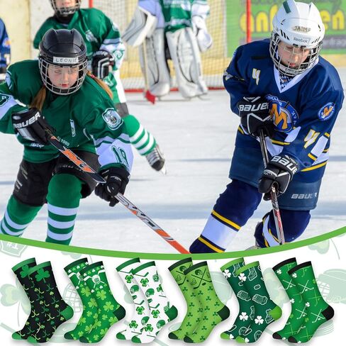6 Pairs Irish Hockey Theme Socks - St Patricks Day Funny Running Crew Socks Green Shamrock Hockey Puck Accessories Party Favor Gifts for Adult Men Women in Saudi Arabia