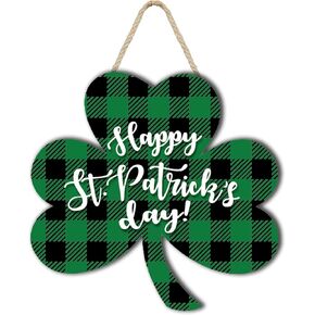 Happy St Patrick Day Wooden Sign Green Buffalo Plaid Shamrock Decorations St Patrick Day Door Hanging for St Patrick Day Decor in Kuwait