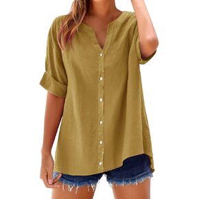 بلايز للنساء الصيف العصرية كم قصير الخامس الرقبة زر أسفل بلوزة عادية الصلبة القطن الكتان قميص عطلة الموضة in Kuwait